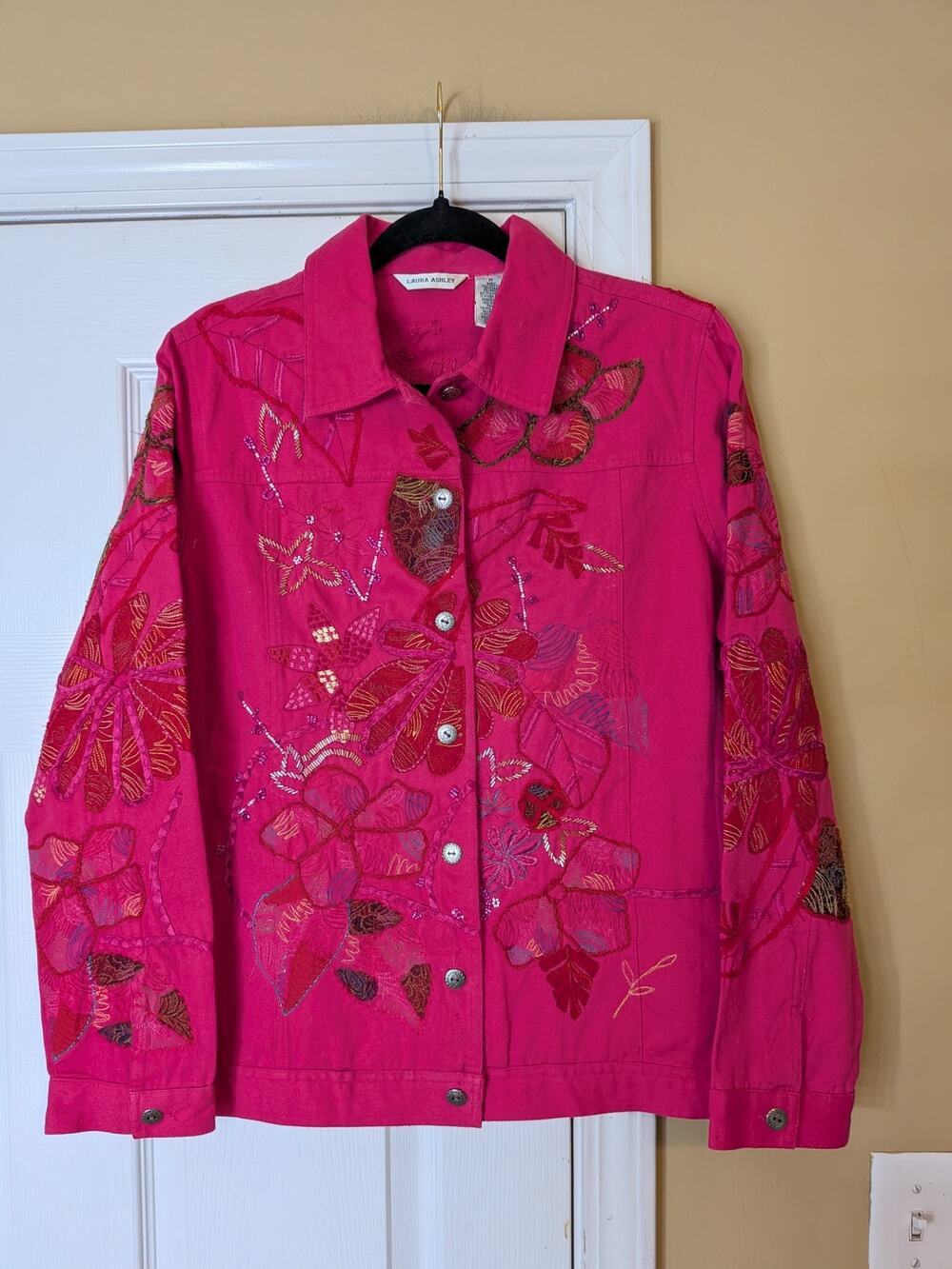 Vintage Y2K Laura Ashley Pink Embroidered Beaded Jacket Medium Western Boho